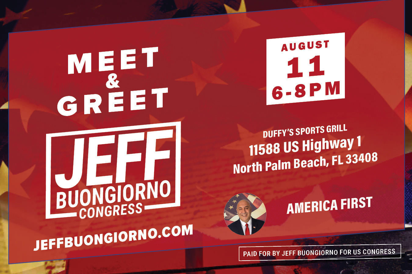 Meet and Greet on August 11 - 6-8pm at Duffies in North Palm Beach
